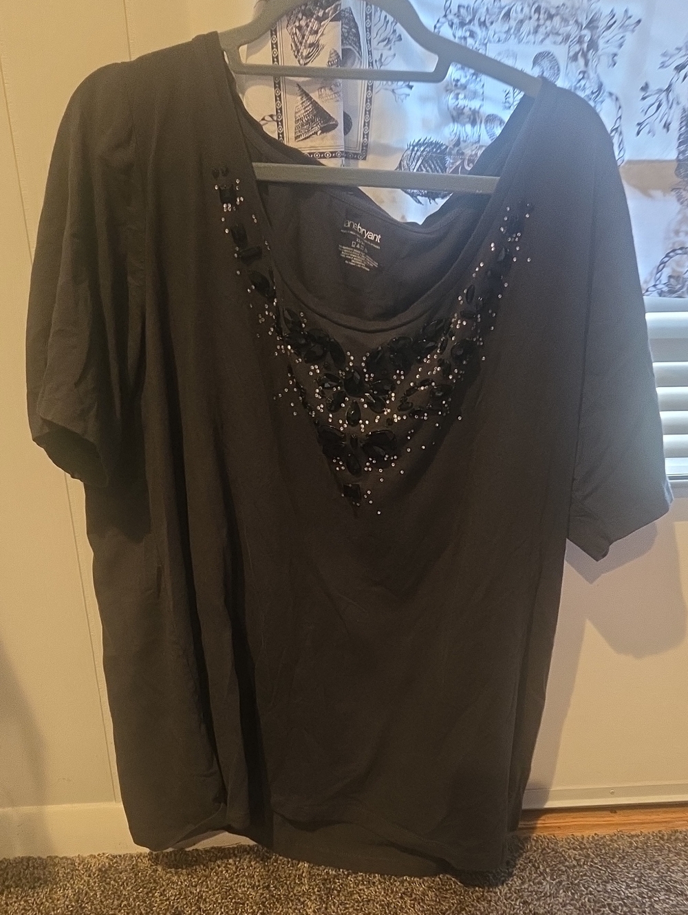 Lane Bryant Black Short-Sleeve Scoop Neck Top with Bead Embellishment